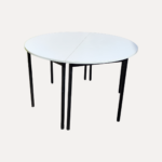 Table modulable ronde blanche avec pieds noirs, divisible en deux demi-cercles