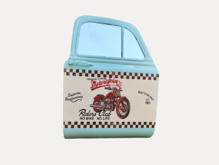 Porte décorative vintage bleu clair avec design de moto et miroir intégré