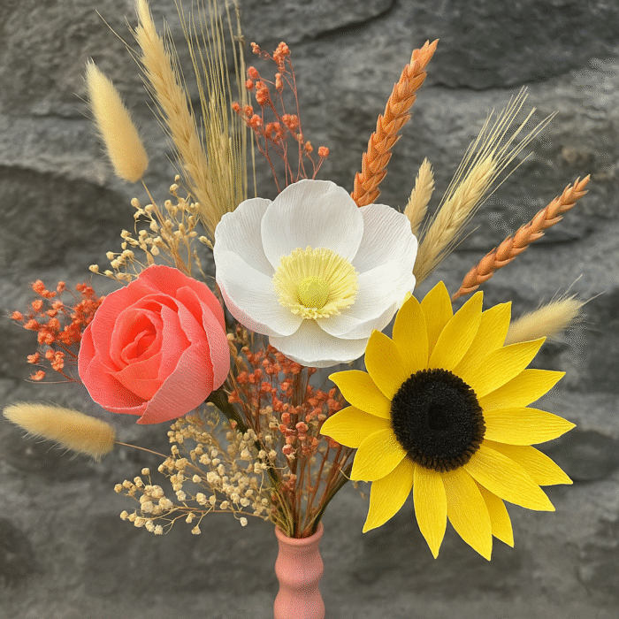 Bouquet personnalisé de 5 fleurs en papier crépon durable et fleurs Bouquet personnalisé de 5 fleurs en papier crépon durable et fleurs séchées locales, création artisanale Murmure des Pétales, fabriqué à La Réunion. Design poétique et durable, idéal pour un cadeau d'anniversaire ou se faire plaisir