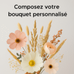 Bouquet de 6 fleurs personnalisé en papier crépon durable et fleurs séchées locales, création artisanale Murmure des Pétales, fabriqué à La Réunion. Design poétique et durable, idéal pour un cadeau d'anniversaire ou se faire plaisir.