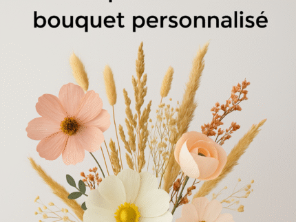 Bouquet de 6 fleurs personnalisé en papier crépon durable et fleurs séchées locales, création artisanale Murmure des Pétales, fabriqué à La Réunion. Design poétique et durable, idéal pour un cadeau d'anniversaire ou se faire plaisir.